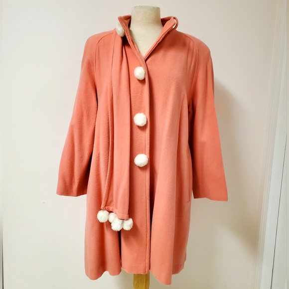 Vintage 80s Coral Pink Pompom Wool Blend Winter Coat with Inset Scarf - Picture 5 of 7